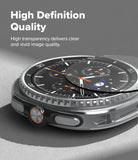 Galaxy Watch 8 Classic 46mm Screen Protector | Tempered Glass Pro - Tempered glass being applied to a silver smartwatch with a moon phase dial.
