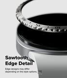 Galaxy Watch 9 / 8 40mm | Bezel Styling - Close-up of a metallic watch band or ring component with a sawtooth toothed edge, shown on a light gray background with text reading 'Sawtooth Edge Detail' and a small disclaimer.