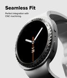 Galaxy Watch 9 / 8 40mm | Bezel Styling - A close-up of a smartwatch with a black analog-style face, silver bezel markings, and a light gray band. Text at the top reads 'Seamless Fit' and 'Perfect integration with CNC machining.