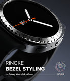 Galaxy Watch 9 / 8 40mm | Bezel Styling - Close-up promotional render of a Galaxy Watch 9/8 with a black analog-style watch face and a silver bezel, overlaid with the text 'RINGKE BEZEL STYLING' and a Ringke logo. The watch band is dark gray/black and the image is set against a dark blue-gray gradient background.