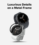 Galaxy Watch 9 / 8 40mm | Bezel Styling - Two smartwatches with round black analog-style faces and metal bezels, one in dark gray and one in silver, shown on a light gray background with the text 'Luxurious Details on a Metal Frame' above them.
