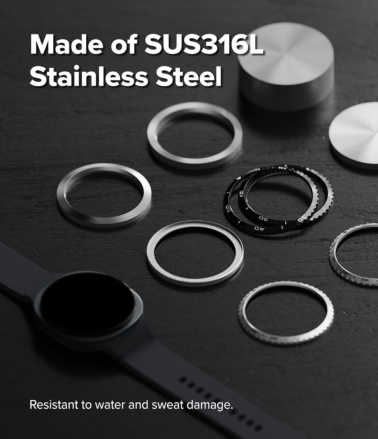 Galaxy Watch 9 / 8 40mm | Bezel Styling - Stainless steel watch band replacement rings shown on a dark textured background, with a smartwatch strap partially visible. Text reads 'Made of SUS316L Stainless Steel' and 'Resistant to water and sweat damage.