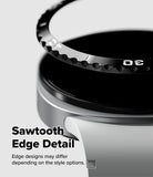 Galaxy Watch 9 / 8 40mm | Bezel Styling - Close-up of a black metallic watch band with a sawtooth toothed edge detail, shown on a silver watch case against a light gray background with text reading 'Sawtooth Edge Detail'.