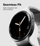 Galaxy Watch 9 / 8 40mm | Bezel Styling - A close-up of a smartwatch with a black analog-style face, silver bezel markings, and a light gray band. Text on the left reads 'Seamless Fit' and 'Perfect integration with CNC machining.