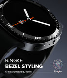 Galaxy Watch 9 / 8 40mm | Bezel Styling - Close-up of a black Galaxy Watch 9 with a stylized bezel and watch band, featuring Ringke branding and text that reads 'RINGKE BEZEL STYLING for Galaxy Watch 9, 40mm'.