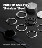 Galaxy Watch 9 / 8 40mm | Bezel Styling - Stainless steel watch band replacement rings shown on a dark textured background, with a smartwatch strap partially visible. Text reads 'Made of SUS316L Stainless Steel' and 'Resistant to water and sweat damage.