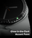 Galaxy Watch 9 / 8 40mm | Bezel Styling Premium - Close-up of a smartwatch with a dark display and bezel, featuring a glowing green accent point near the lower bezel. White text at the bottom reads 'Glow-in-the-Dark Accent Point' on a black background.