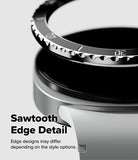 Galaxy Watch 9 / 8 40mm | Bezel Styling Premium - Close-up of a metallic watch band or ring component with a serrated tooth-like edge, shown on a light gray background with the text 'Sawtooth Edge Detail' and smaller explanatory copy.