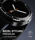 Galaxy Watch 9 / 8 40mm | Bezel Styling Premium - Close-up promotional render of a black Samsung Galaxy Watch 9/8 with a textured bezel, overlaid with the text 'BEZEL STYLING PREMIUM for Galaxy Watch 9, 40mm' and a Ringke logo.