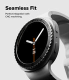 Galaxy Watch 9 / 8 40mm | Bezel Styling Premium - A close-up of a smartwatch with a black round face, silver bezel details, and a dark gray band, shown on a light gray background with the text 'Seamless Fit' and 'Perfect integration with CNC machining.'.