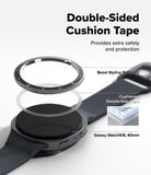 Galaxy Watch 9 / 8 40mm | Bezel Styling Premium - A promotional graphic for a double-sided cushion tape protective film for a Galaxy Watch 9/8, 44mm. The image features an exploded view of a black smartwatch showing the transparent and textured double-sided tape applied to the bezel and strap, with text labels and a small inset diagram illustrating the layered cushioning.