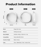Galaxy Watch 8 40mm Case | Slim - Product information diagram showing front, back, and side views of a Ringke Slim Case with dimensions, weight, and compatibility details on a light gray background.