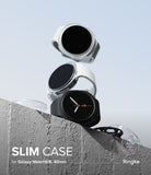 Galaxy Watch 8 40mm Case | Slim - Three slim smartwatch cases in white and black shown floating above a concrete ledge against a pale blue background, with text reading 'SLIM CASE for Galaxy Watch 9/8, 40mm' and the Ringke logo.
