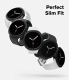 Galaxy Watch 8 40mm Case | Slim - Five smartwatches with round black faces and slim white or black bands are arranged diagonally on a light gray background, with the text 'Perfect Slim Fit' in the top right.