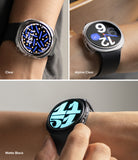 Galaxy Watch 8 40mm Case | Slim - Three-panel comparison of smartwatch bezel options worn on a wrist: Clear, Alpine Clear, and Matte Black. The watch has a round silver case with a black strap and a digital watch face showing blue and white numerals.