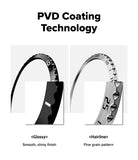 Galaxy Watch 9 / 8 44mm | Bezel Styling - A product comparison graphic titled 'PVD Coating Technology' showing two views of a metallic ring band: a glossy black finish on the left and a silver hairline finish on the right, with descriptive text below each finish.