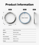 Galaxy Watch 9 / 8 44mm | Bezel Styling - Product information diagram for a stainless steel ring bezel styling tool, showing front, back, and side views with dimensions and a table of specifications on a light gray background.