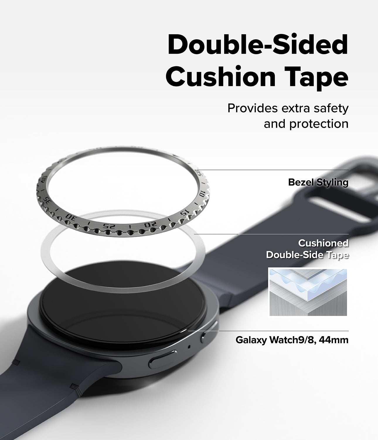 Galaxy Watch 9 / 8 44mm | Bezel Styling - Double-sided cushion tape for a Galaxy Watch 9/8, 40mm, shown applied to a dark gray smartwatch. The graphic includes an exploded view showing the tape on both sides of the watch case, labeled 'Bezel Styling' and 'Cushioned Double-Side Tape', with a small inset diagram of the layered tape.
