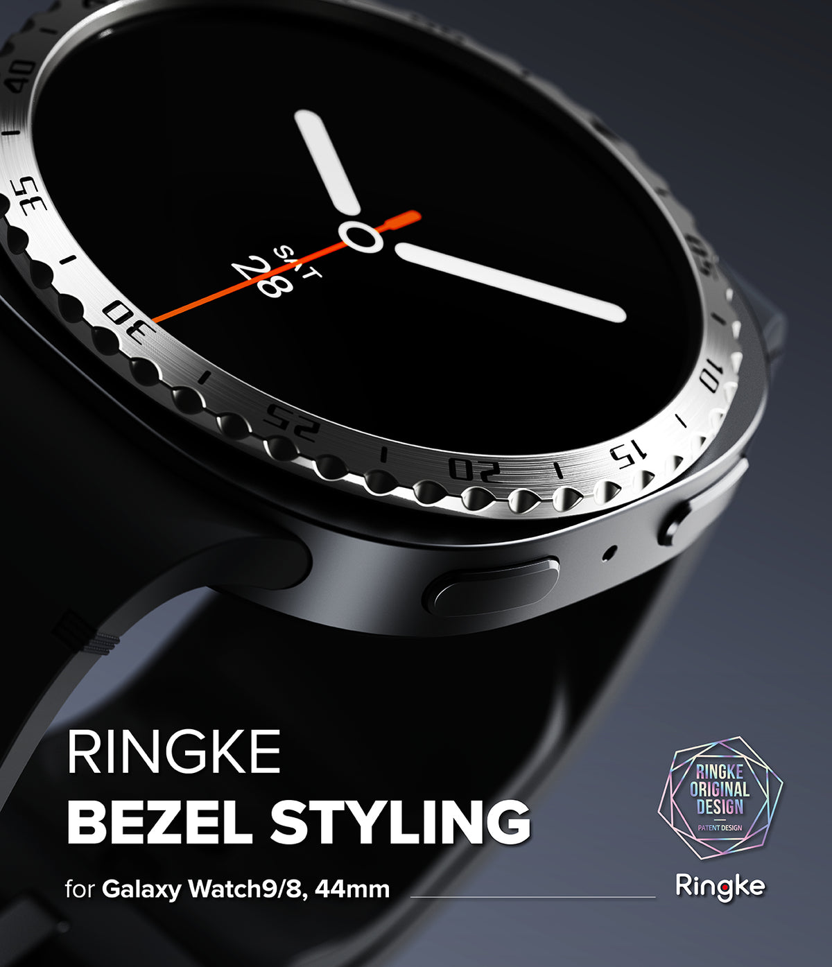 Galaxy Watch 9 / 8 44mm | Bezel Styling - Close-up promotional render of a Galaxy Watch 9/8 with a black analog-style watch face and a silver bezel, overlaid with the text 'RINGKE BEZEL STYLING' and a Ringke logo. The watch band is dark gray/black and the image is set against a dark blue-gray gradient background.