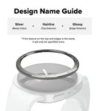 Galaxy Watch 9 / 8 44mm | Bezel Styling - Design name guide diagram showing a watch band accessory with a silver textured inner ring, a white outer band, and a glossy black edge, labeled as Silver + Hairline + Glossy.