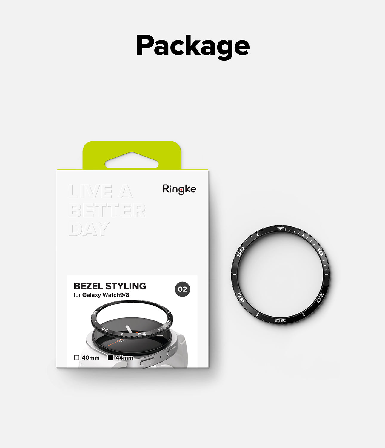Galaxy Watch 9 / 8 44mm | Bezel Styling - Ringke Bezel Styling for Galaxy Watch 9/8 watch band bezel, shown next to its white retail packaging box with a lime green tab on a light gray background.