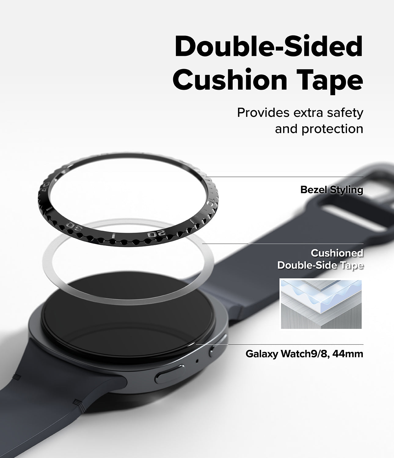 Galaxy Watch 9 / 8 44mm | Bezel Styling - Double-sided cushion tape for a Galaxy Watch 9/8, 40mm, shown applied to a black smartwatch. The graphic includes text explaining that it provides extra safety and protection, features bezel styling, and is cushioned double-side tape.