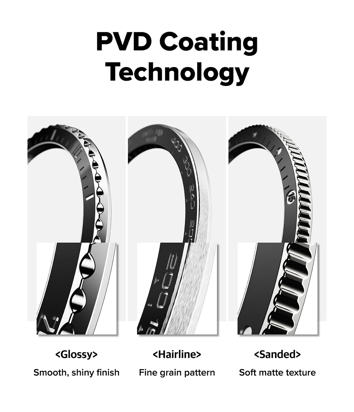 Galaxy Watch 9 / 8 44mm | Bezel Styling Premium - A product information graphic titled 'PVD Coating Technology' showing three close-up views of a metallic ring-like product with different finish options: Glossy, Hairline, and Sanded. Each view includes a small inset demonstrating the surface texture and finish.