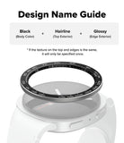 Galaxy Watch 9 / 8 44mm | Bezel Styling Premium - Design name guide diagram showing a smartwatch band or ring-style accessory labeled as Black (body color) + Hairline (top exterior) + Glossy (edge exterior), with a watch face illustration below on a white background.