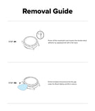 Galaxy Watch 9 / 8 44mm | Bezel Styling Premium - A removal guide diagram showing two steps for taking off a smartwatch band. Step 01 illustrates powering off the smartwatch and weakening the adhesive with a hair dryer, and Step 02 shows fitting a removal tool into the gap under Bizef Styling to lift and remove the band.
