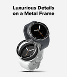 Galaxy Watch 9 / 8 44mm | Bezel Styling Premium - Two smartwatches with round black analog-style faces and metal bezels, one in dark gray and one in white, shown on a light gray background with the text 'Luxurious Details on a Metal Frame' above them.