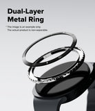 Galaxy Watch 9 / 8 44mm | Bezel Styling Premium - Black dual-layer metal ring accessory shown floating above a smartwatch, with text reading 'Dual-Layer Metal Ring' on a light gray background.