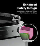 Galaxy Watch 9 / 8 44mm | Bezel Styling Premium - Close-up of a smartwatch with raised metal edges and marketing text reading 'Enhanced Safety Design,' plus a circular inset showing the screen protector layer in pink and green.