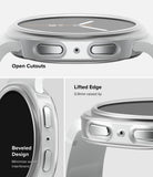 Galaxy Watch 9 / 8 44mm Case | Slim - A close-up product diagram of a smartwatch case showing three design features: 'Open Cutouts' for the display, 'Lifted Edge' with 0.9mm raised lip, and 'Beveled Design' to minimize swipe interference.