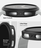 Galaxy Watch 9 / 8 44mm Case | Slim - Three-panel product detail graphic showing the bottom edge of a black smartwatch case with cutouts, a lifted 0.9mm lip, and a beveled design, labeled 'Open Cutouts,' 'Lifted Edge,' and 'Beveled Design.