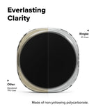 Galaxy Watch 9 / 8 44mm Case | Slim - A smartwatch shown from the back on a white background, with text comparing its clear polycarbonate case to other watch cases. The watch has a black screen and a transparent outer case, with labels pointing to 'Ringke PC Case' and 'Other Disccolored TRU Case'.
