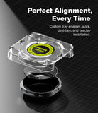 Galaxy Watch 8 44mm Screen Protector | Tempered Glass Pro - Installation tray hovering over glass and smartwatch.