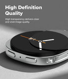Galaxy Watch 8 44mm Screen Protector | Tempered Glass Pro - Tempered glass layer hovering above a silver smartwatch face with analog hands.