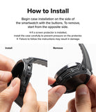 Galaxy Watch 9 / 8 44mm Case + Band | Rugged Gear - Instruction graphic showing how to install and remove a black smartwatch case, with text instructions at the top and two labeled photo panels below showing hands pressing 'Install' and pulling 'Remove'.