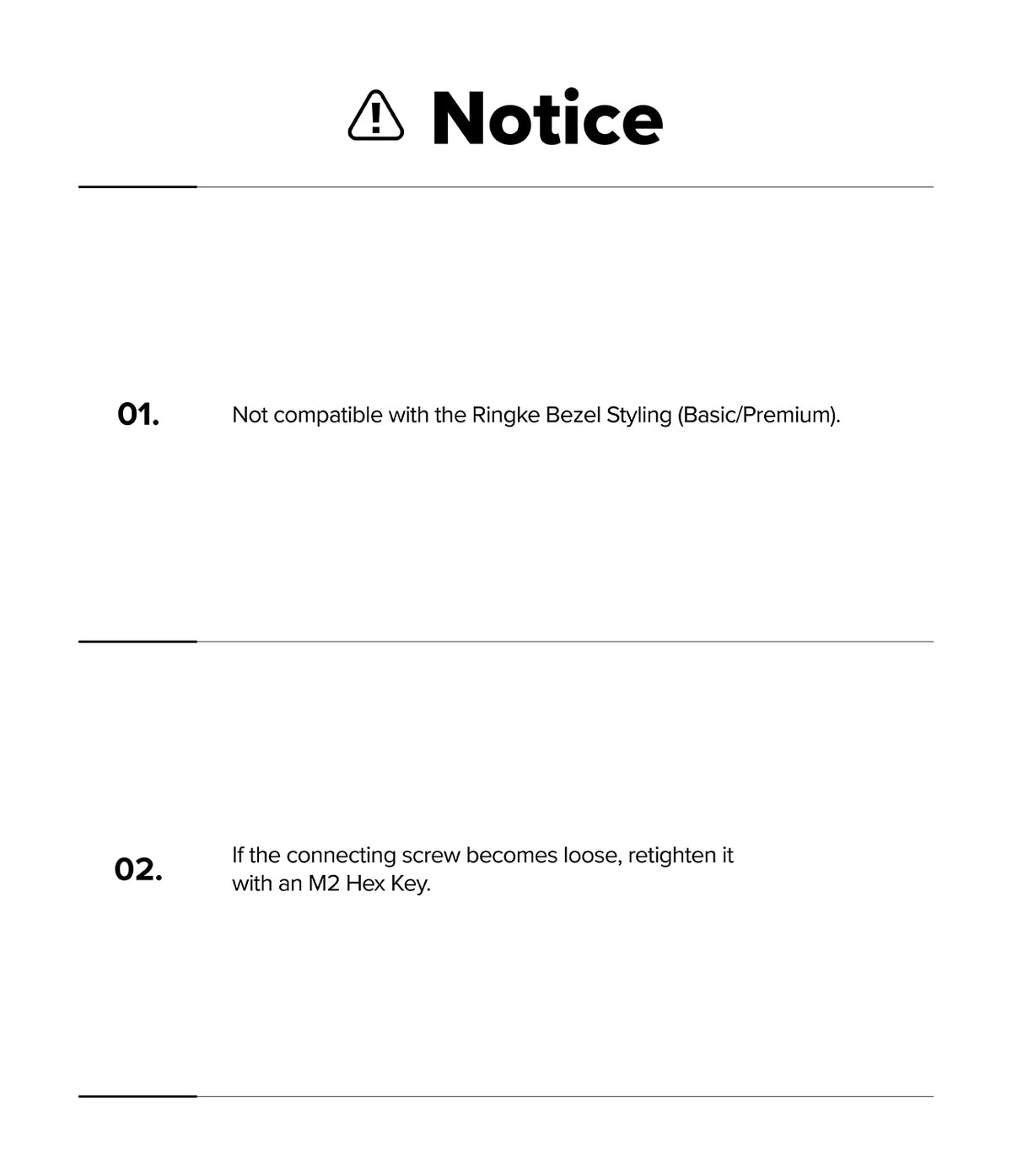 Galaxy Watch 9 / 8 44mm Case + Band | Rugged Gear - Notice sheet with text about compatibility and screw tightening instructions on a white background