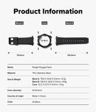 Galaxy Watch 9 / 8 44mm Case + Band | Rugged Gear - Product information diagram for a black ringke Rugged Gear watch band, showing Band A, Band B, and the watch case with dimensions and specifications on a white background.
