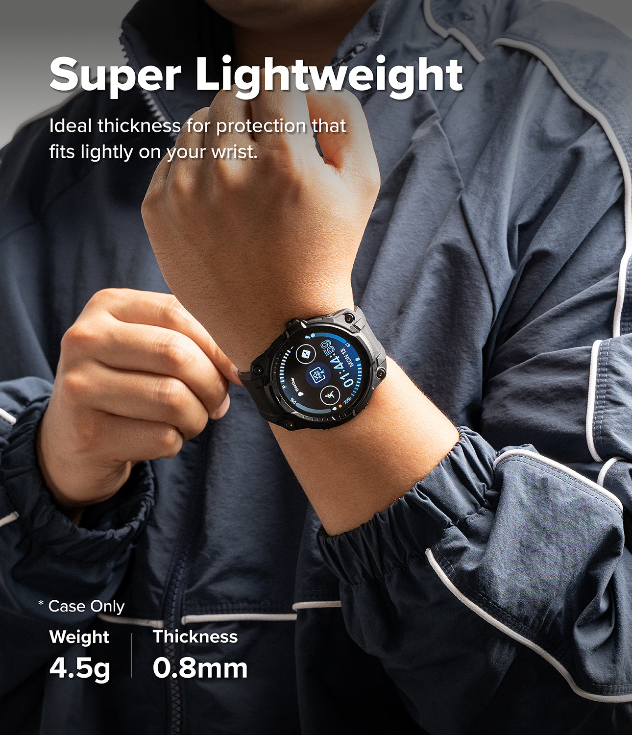 Galaxy Watch 9 / 8 44mm Case + Band | Rugged Gear - Person wearing a smartwatch with text highlighting its lightweight design.