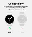 Galaxy Watch 8 44mm Case + Band | Rugged Gear - Compatibility graphic for Rugged Gear smartwatches showing Galaxy Watch 9/8 44mm as compatible with a green circle icon and Galaxy Watch 8 Classic 46mm as incompatible with a pink X icon, on a light gray background.
