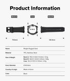 Galaxy Watch 8 44mm Case + Band | Rugged Gear - Product information diagram for a black ring-style rugged gear watch band, showing front and side views of Band A and Band B with dimensions, plus a specification table listing material, size, weight, inner diameter, country of origin, and color.