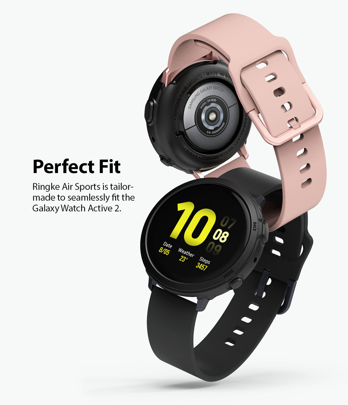 Galaxy Watch Active 2 44mm Case | Air Sports - Two Galaxy Watch Active 2 units with black and pink bands stacked.