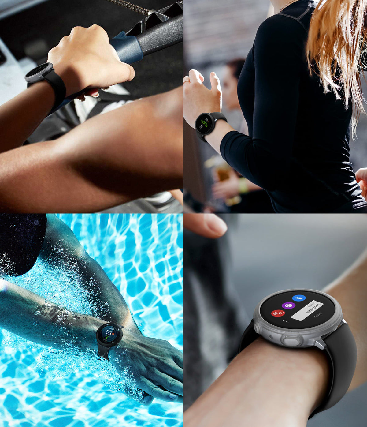 Galaxy Watch Active 2 44mm Case | Air Sports - Four-panel collage showing a smartwatch in a protective case during exercise.