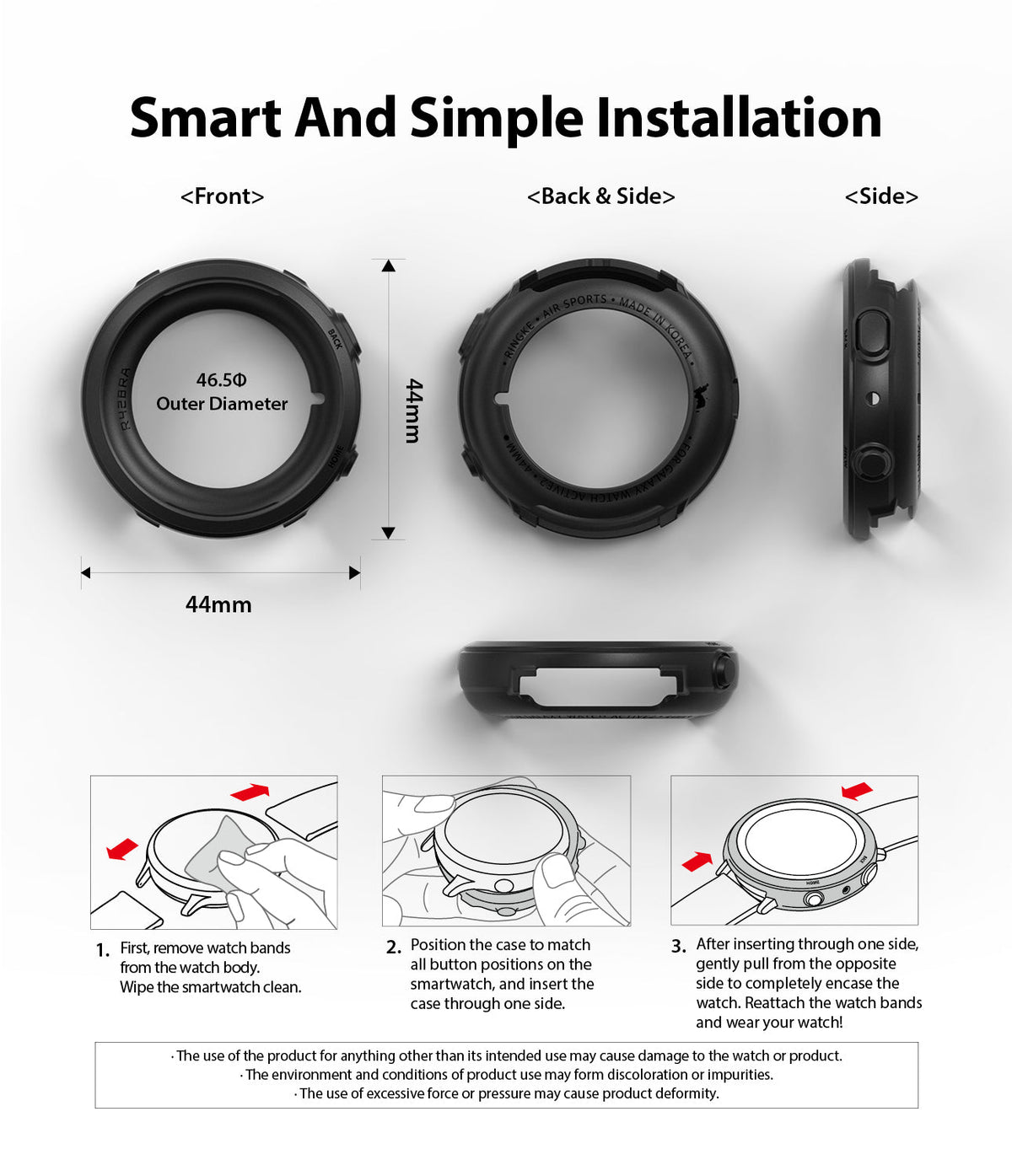 Galaxy Watch Active 2 44mm Case | Air Sports - Diagrams showing dimensions and three-step installation of a black watch case.
