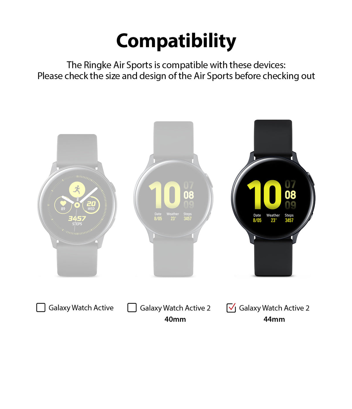 Galaxy Watch Active 2 44mm Case | Air Sports - Compatibility chart showing three smartwatches with the 44mm model selected.