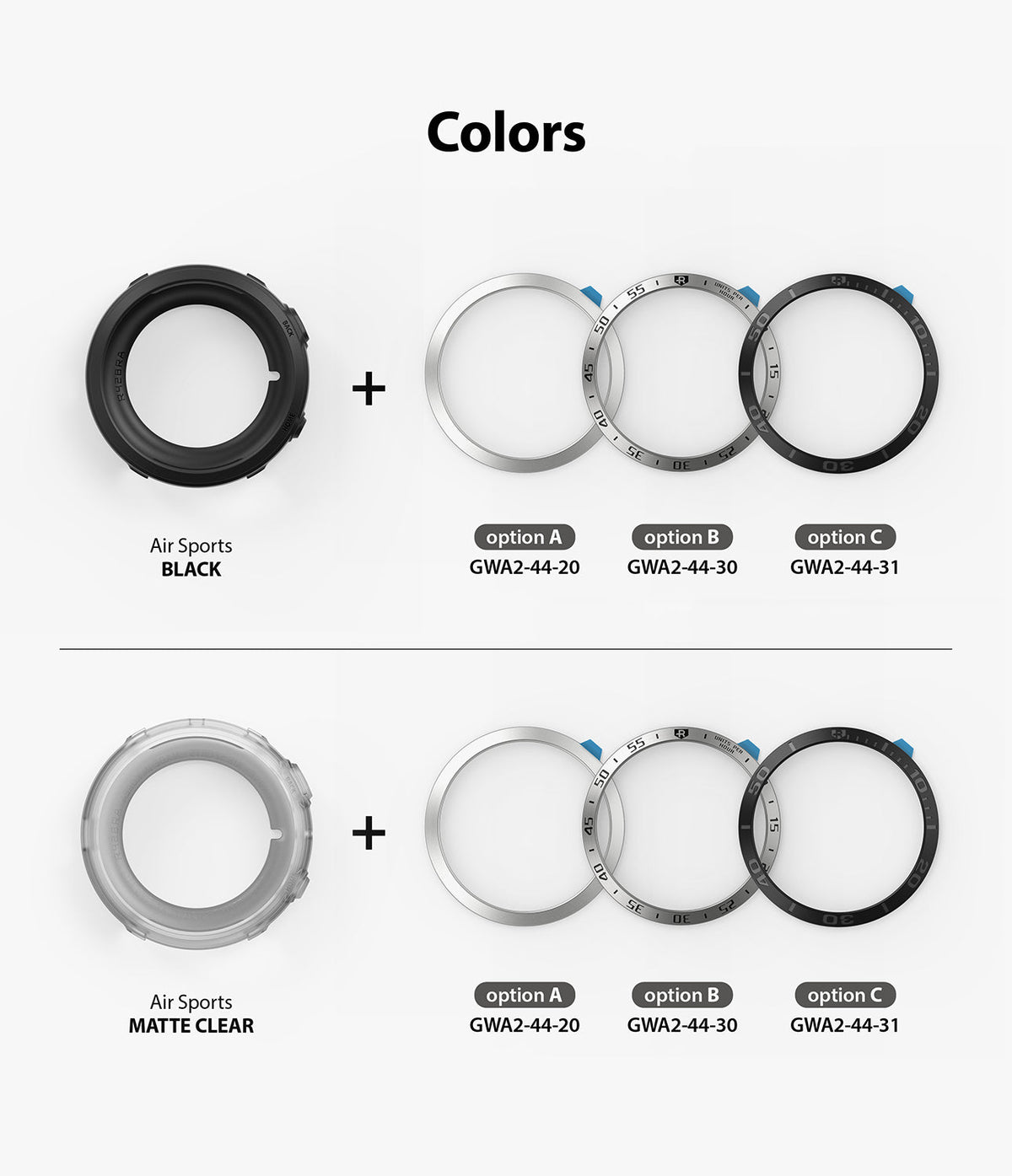 Galaxy Watch Active 2 (44mm) | Air Sports Black + Bezel Styling - Comparison chart of black and clear watch cases with three bezel styling options.