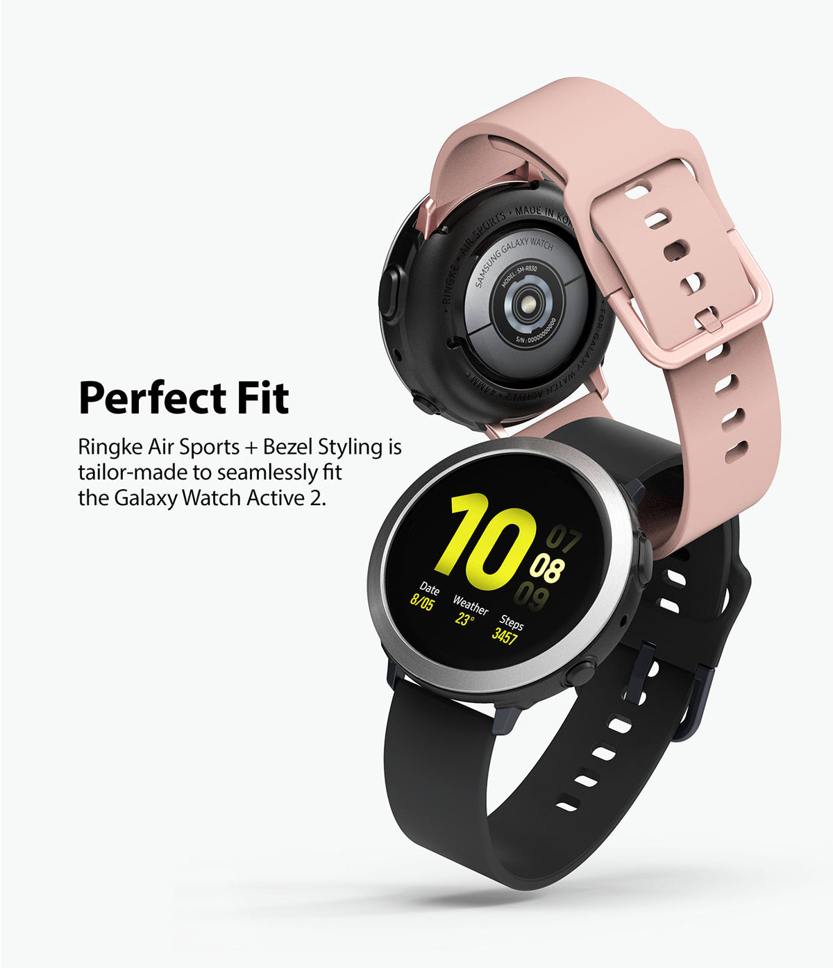 Galaxy Watch Active 2 (44mm) | Air Sports Black + Bezel Styling - Two smartwatches with black and pink bands stacked.