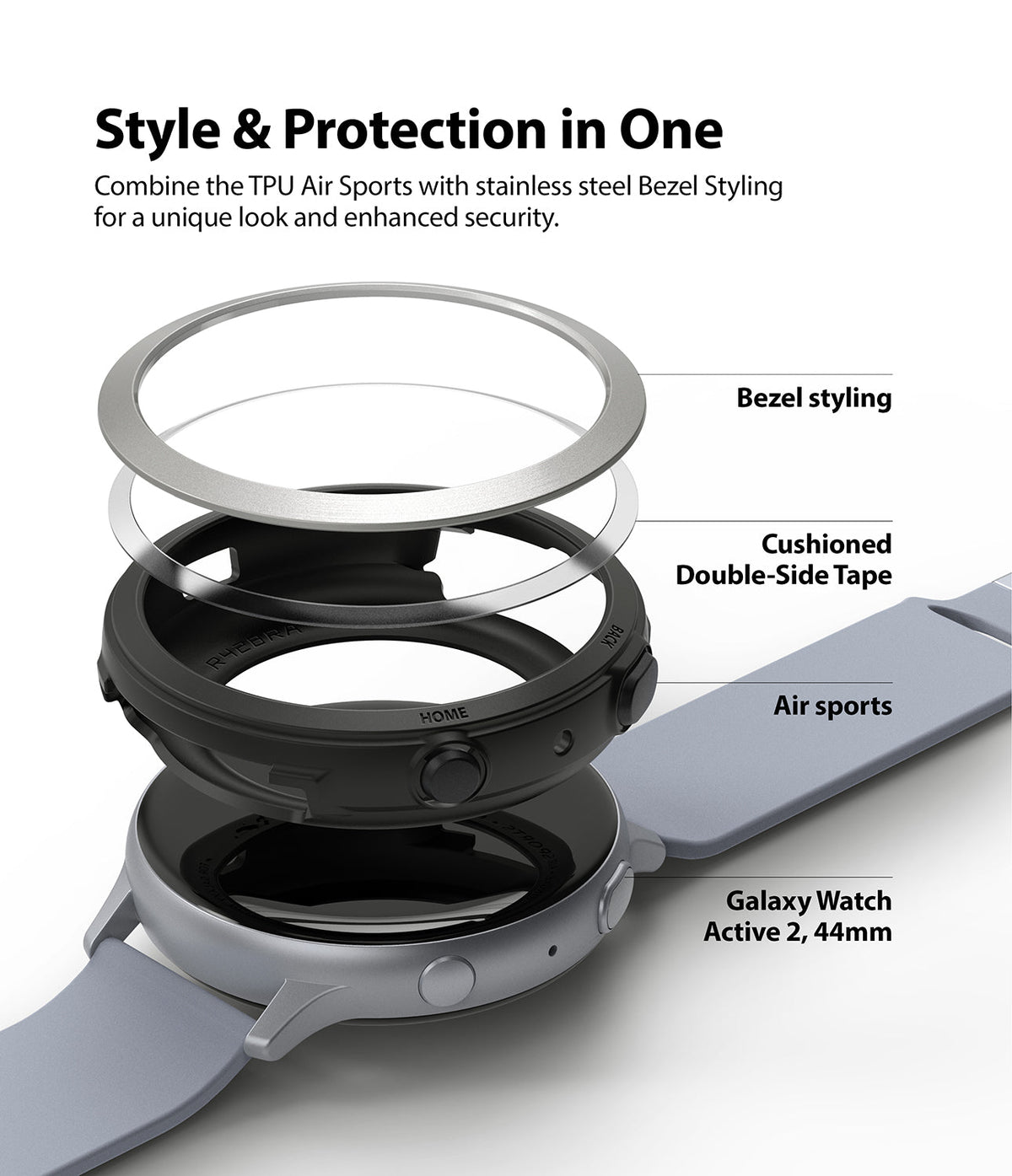 Galaxy Watch Active 2 (44mm) | Air Sports Black + Bezel Styling - Exploded view of watch case, tape, and bezel ring.